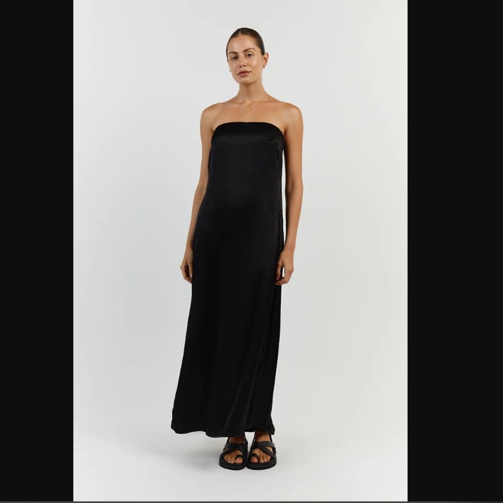 DISSH Mia Black Strapless Satin Midi Dress Size US 8 (Originally $180)